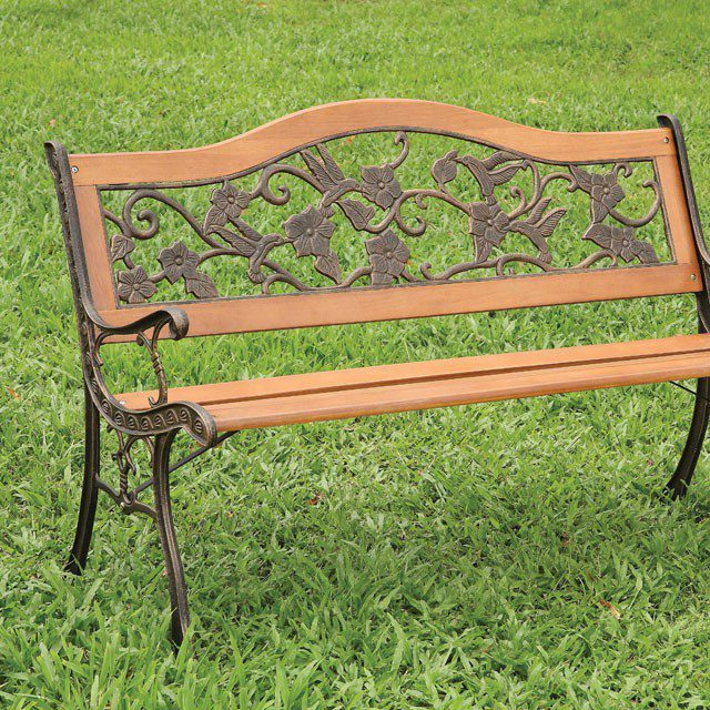 Contemporary Oak & Black Cast Iron Patio Bench CM-OB1806 By Furniture of America
