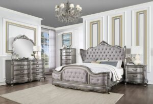 Velvet &Amp; Antique Platinum Finish Ausonia Bed By Acme | Mobilia Cleopatra Velvet & Antique Platinum Finish Ausonia Bed by ACME