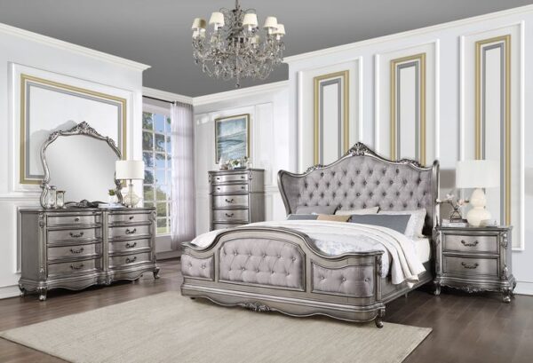 Velvet & Antique Platinum Finish Ausonia Bed by ACME 8