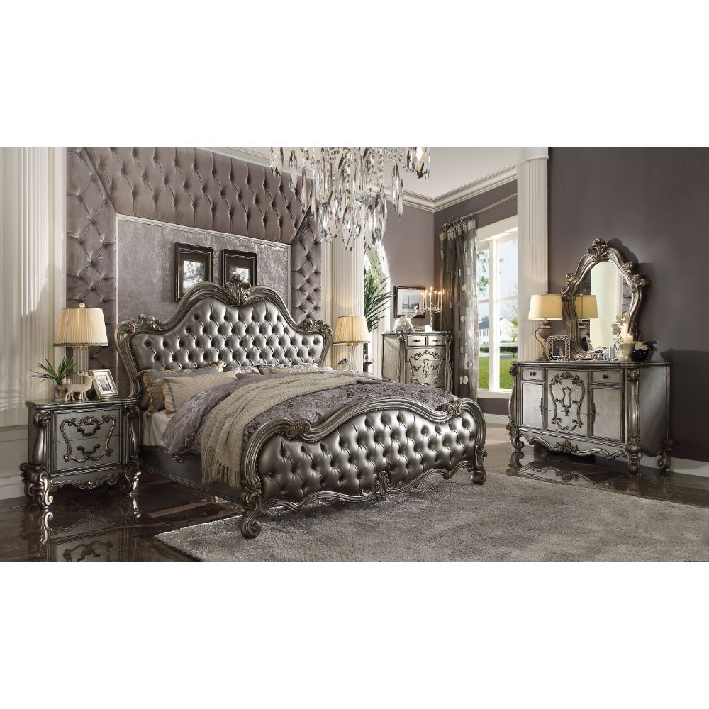 Silver Leather & Antique Platinum Finish Versailles II Bed by ACME