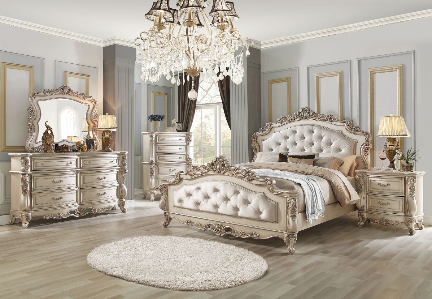 Fabric & Golden Ivory Finish Gorsedd Bed by ACME