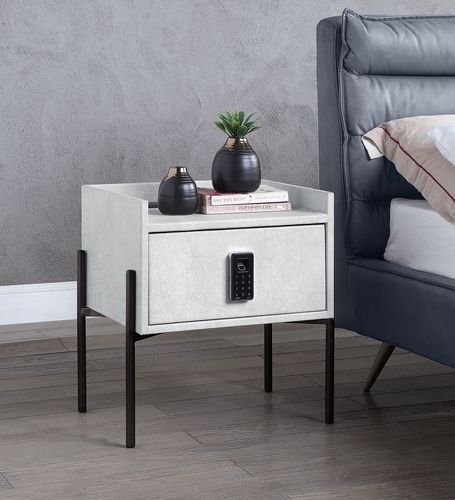 White Leather Metis Nightstand W/USB & Electric Lock BD00557 by ACME