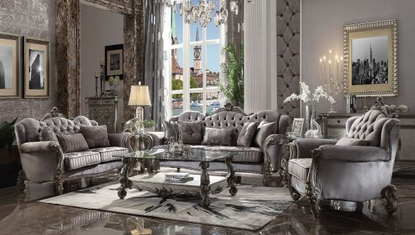 Silver Velvet & Platinum Versailles Sofa W/5 Pillows 56840 By ACME
