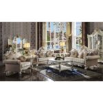 Fabric & Antique Pearl Finish Picardy Sofa W/7 Pillows 55460 by ACME Luxury Living Room Furniture Mobilia Cleopatra 7 Fabric & Antique Pearl Finish Picardy Sofa W/7 Pillows 55460 by ACME 7