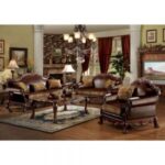 Brown Synthetic Leather & Chenille, Cherry Oak Finish Dresden Sofa W/3 Pillows 15160 by ACME 14