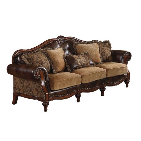 Brown Leather & Chenille Cherry Finish Dreena Sofa W/5 Pillows 05495 by ACME - Image 2