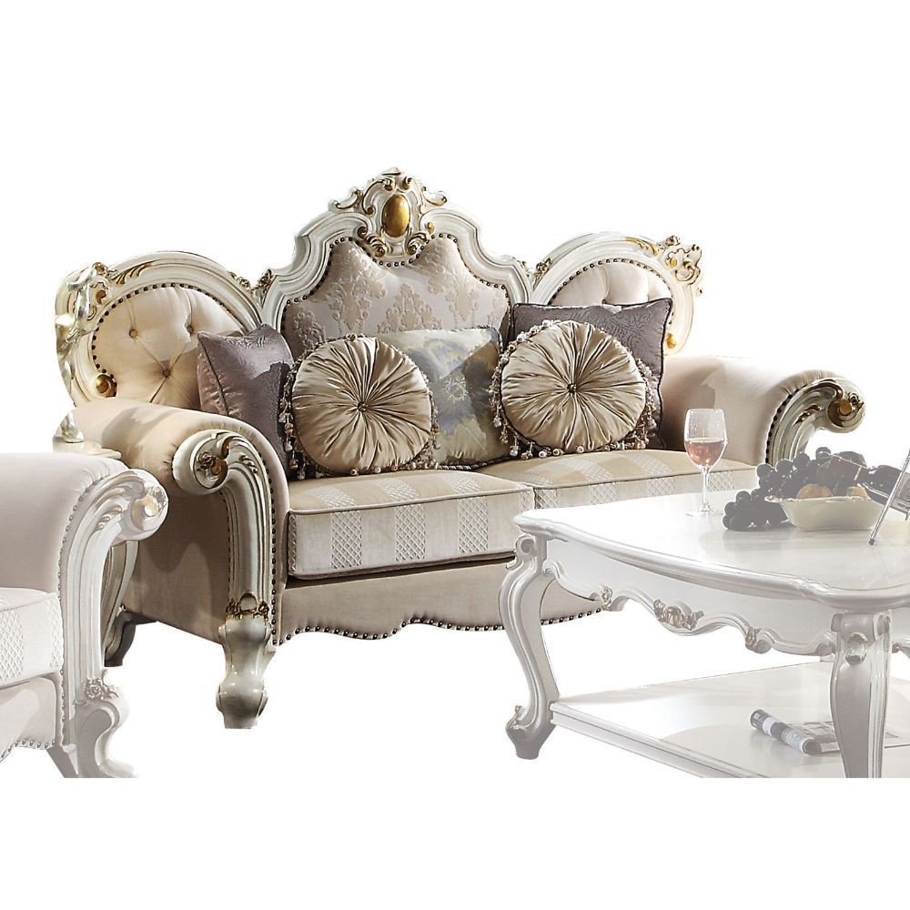 Fabric & Antique Pearl Finish Picardy Loveseat W/5 Pillows 55461 by ACME