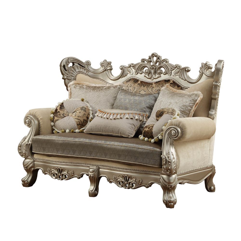 Fabric & Champagne Finish Ranita Loveseat W/6 Pillows 51041 by ACME