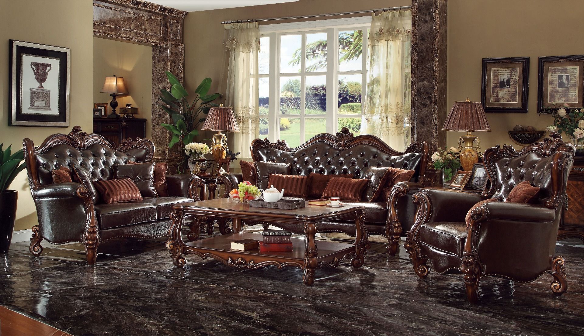 Two Tone Dark Brown Leather & Cherry Oak Finish Versailles Sofa W/7 Pillows 52120 by ACME