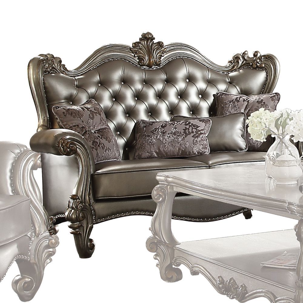 Silver Leather & Antique Platinum Finish Versailles Loveseat W/4 Pillows 56821 by ACME