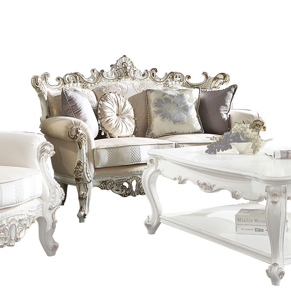 Fabric & Antique Pearl Finish Picardy II Loveseat W/4 Pillows 53461 by ACME