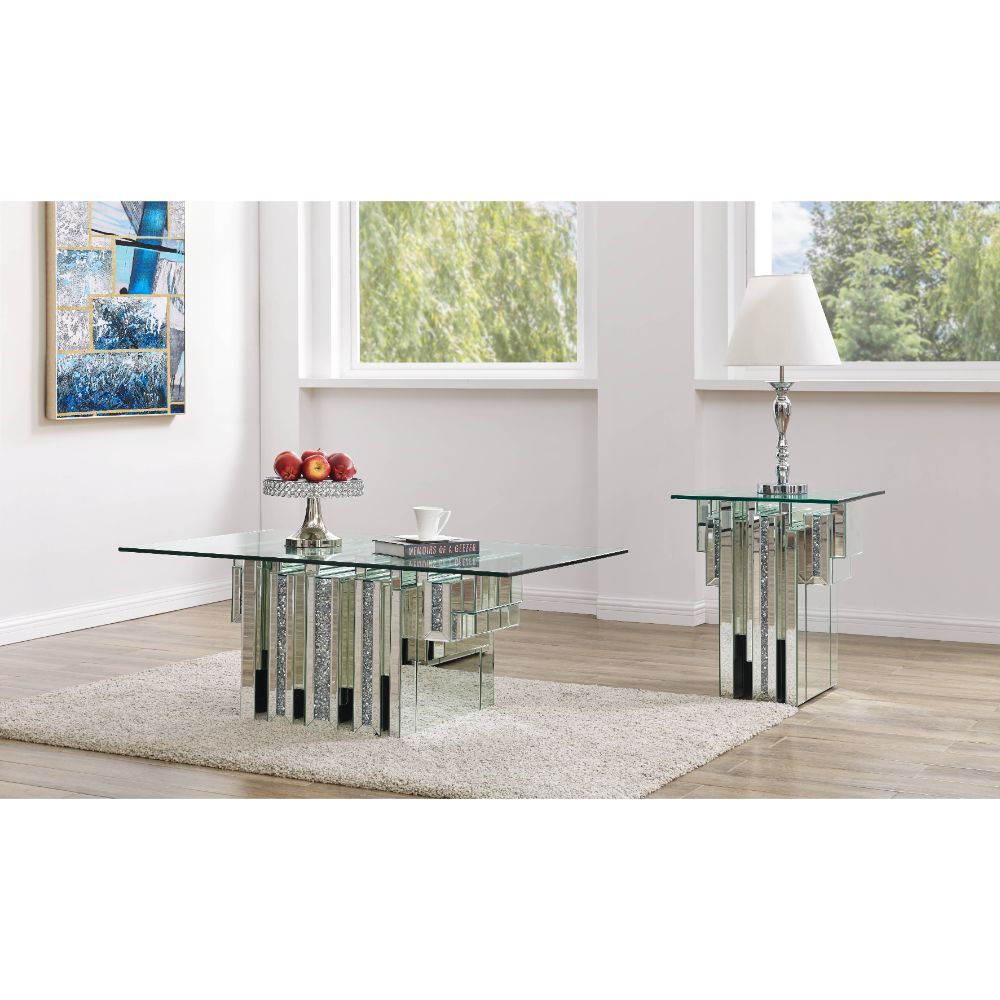 Noralie Coffee Table With Mirrored Pedestal Base with Faux Diamond Inlay by ACME