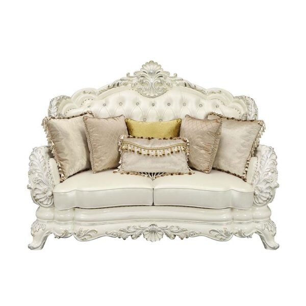 Adara Pearl White Leather Loveseat With 5 Pillows by ACME - Image 2