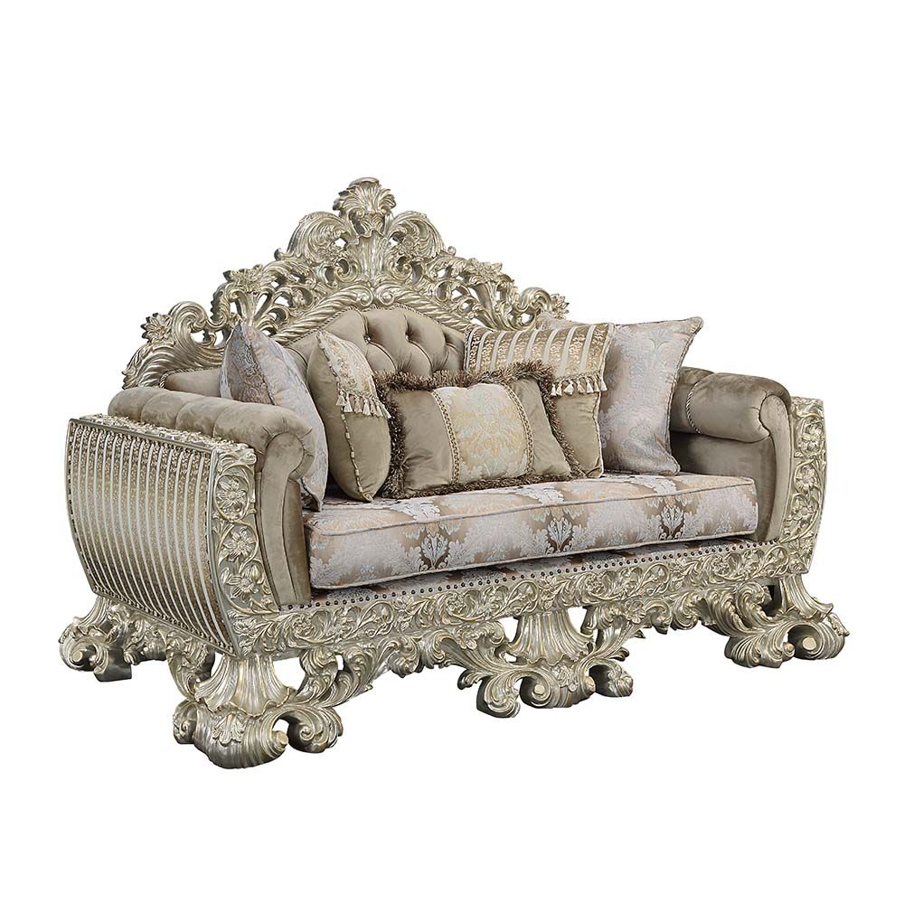 Velvet, Fabric & Antique Gold Finish Sorina Loveseat W/5 Pillows LV01206 by ACME