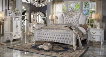 Ivory Fabric & Antique Pearl Finish Vendom Bed by ACME