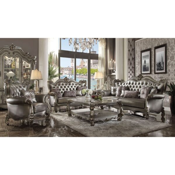 Silver Leather & Antique Platinum Finish Versailles Loveseat W/4 Pillows 56821 by ACME - Image 2