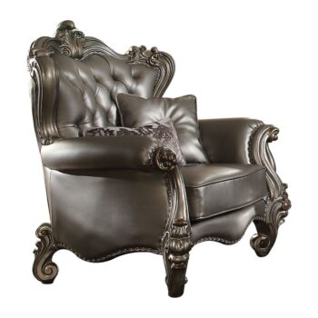 Silver Leather & Antique Platinum Finish Versailles Chair W/2 Pillows 56822 by ACME