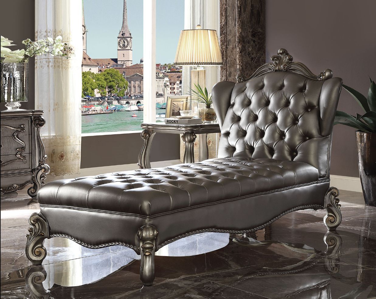 Silver Leather & Antique Platinum Finish Versailles Chaise Lounge 96825 by ACME