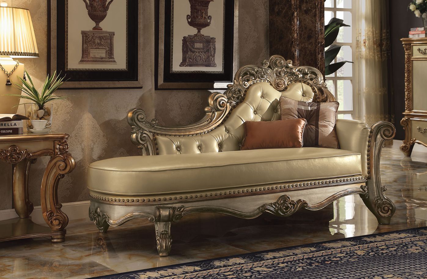 Vendome Chaise W/2 Pillows in Bone Leather 96485 by ACME