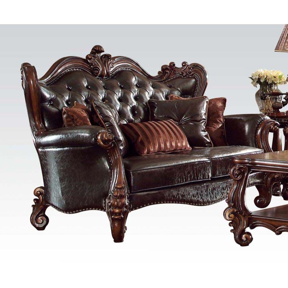 Two Tone Dark Brown Leather & Cherry Oak Finish Versailles Loveseat W/5 Pillows 52121 by ACME