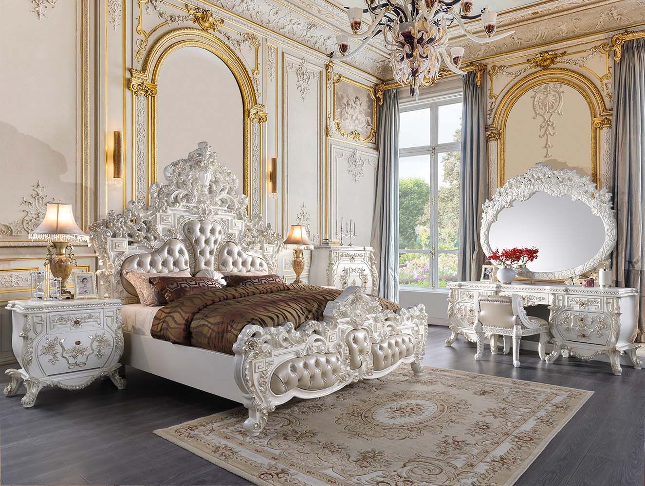 Beige Leather & Antique White Finish Vanaheim Eastern King Bed BD00671EK by ACME