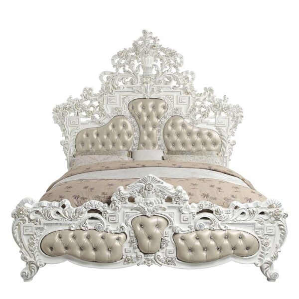 Beige Leather & Antique White Finish Vanaheim Eastern King Bed BD00671EK by ACME - Image 5