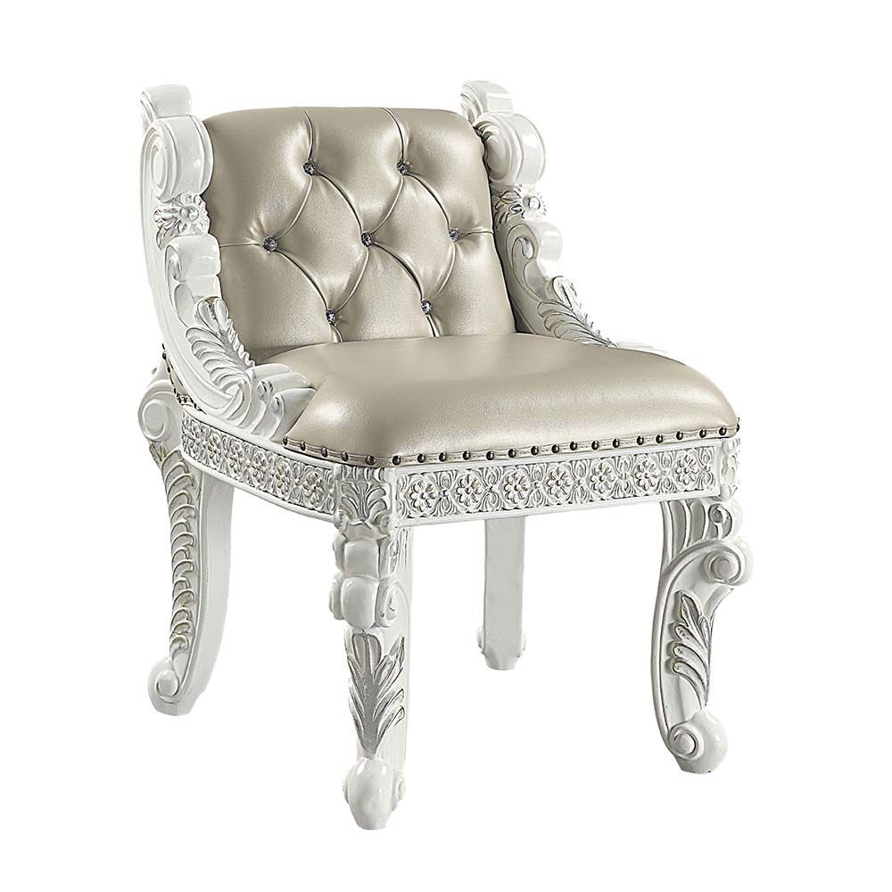 Beige Leather & Antique White Finish Vanaheim Vanity Stool BD00675 by ACME