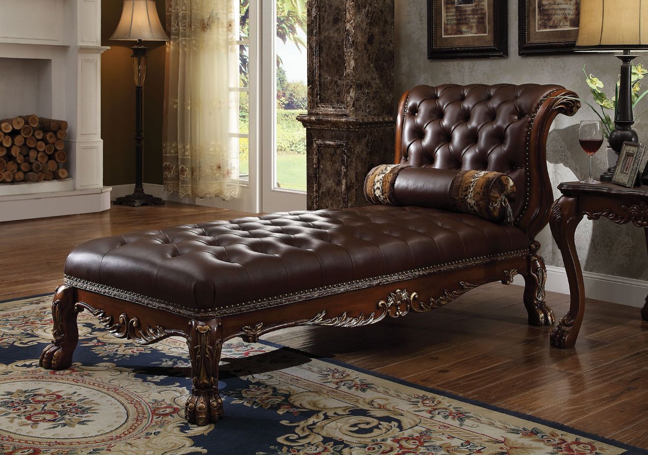 Cherry Leather Dresden Chaise W/Pillow 96487 by ACME