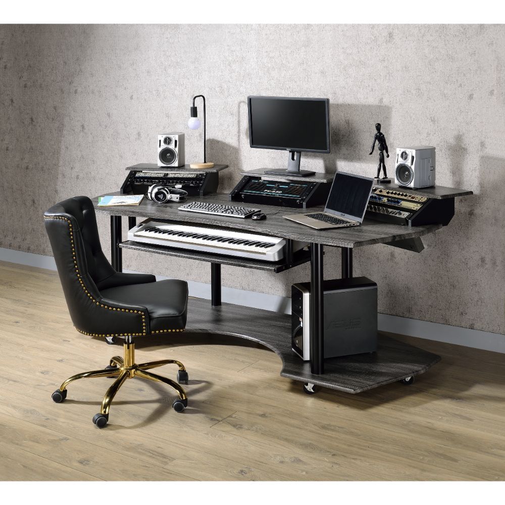 Contemporary Eleazar Music Recording Studio Desk w/ 2 Stands By Acme, Black Oak