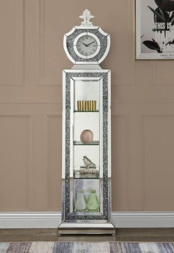 Noralie Grandfather Clock In Mirrored & Faux Diamonds Quartz Mechanism by ACME