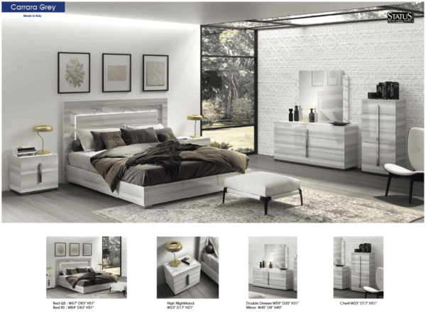 High Gloss Lacquer Carrara Bedroom Set Grey w/Light p12061 By ESF Furniture - Image 2