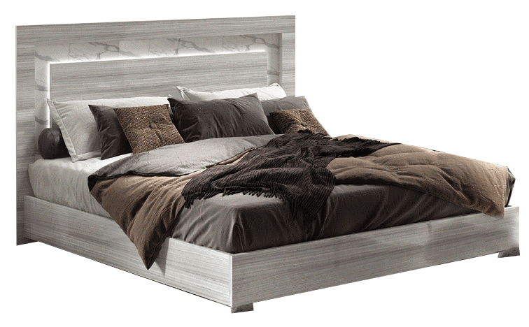High Gloss Lacquer Carrara Bed Grey w/Light i31174 By ESF Furniture