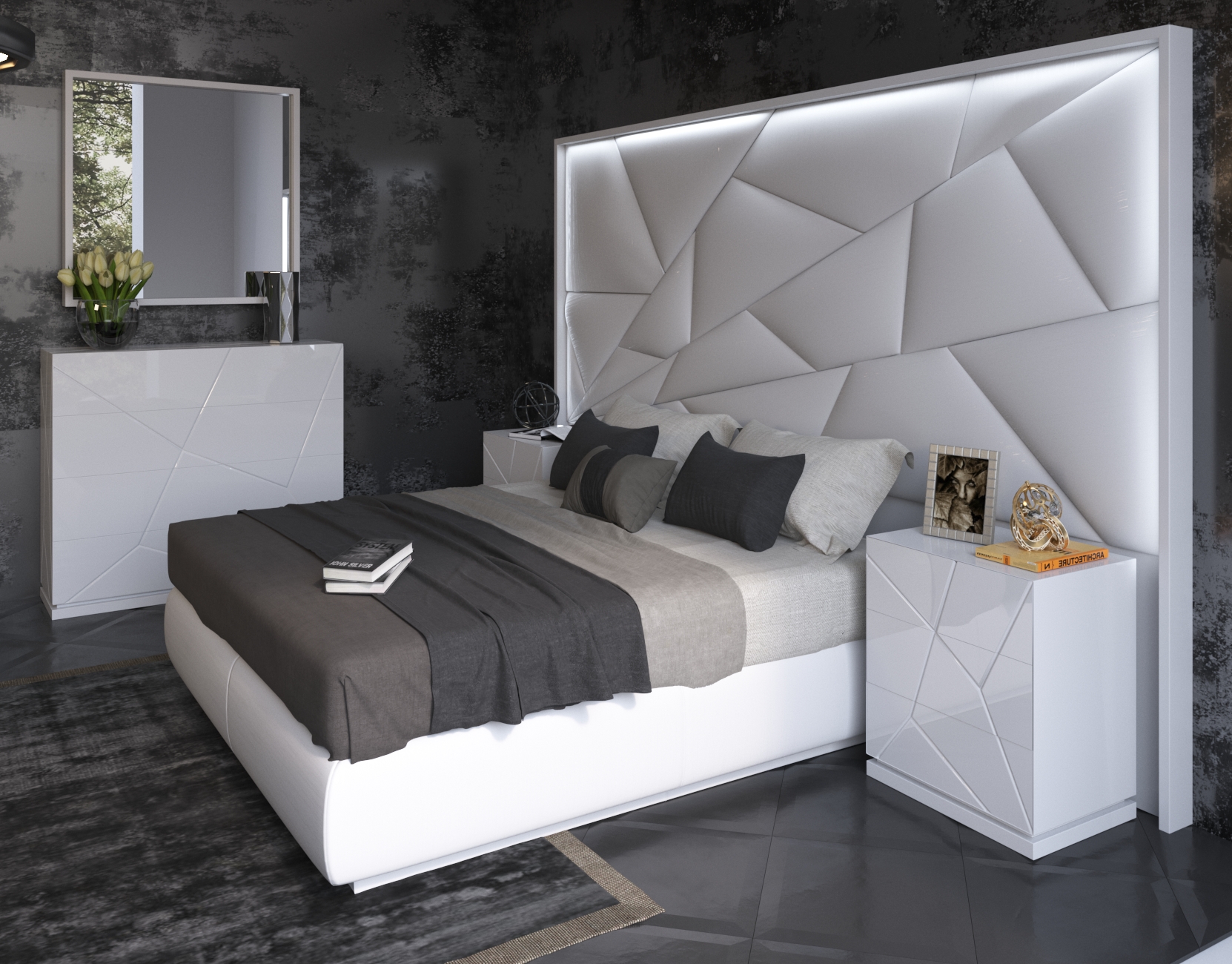 High Gloss Lacquer, Mat Majesty Bed w/light i30978 By ESF Furniture