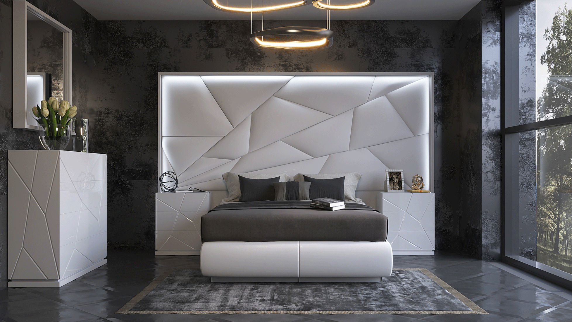 Mat Majesty White Bedroom Set w/light and Kiu cases p11796 By ESF Furniture