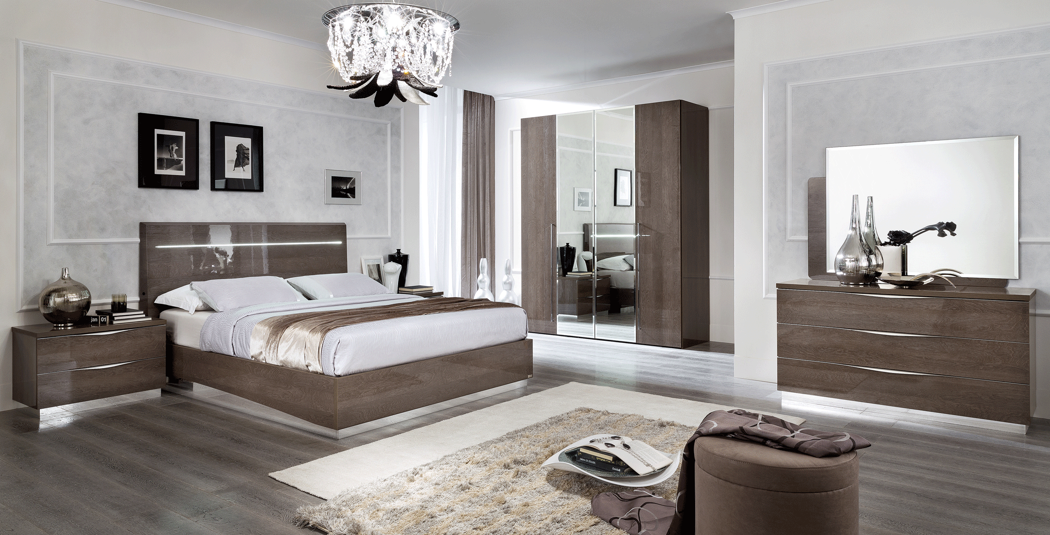 High Gloss Lacquer Platinum LEGNO Bedroom Set SILVER BIRCH p7784 By ESF Furniture