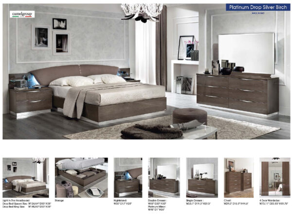 High Gloss Lacquer Platinum DROP Bedroom Set SILVER BIRCH p8039 By ESF Furniture - Image 2