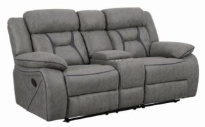 Higgins Pillow Top Arm Motion Loveseat With Console Grey 602262 By Coaster Furniture | Mobilia Cleopatra Higgins Pillow Top Arm Motion Loveseat with Console Grey 602262 by Coaster Furniture