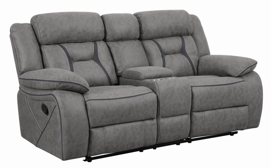Higgins Pillow Top Arm Motion Loveseat with Console Grey 602262 by Coaster Furniture