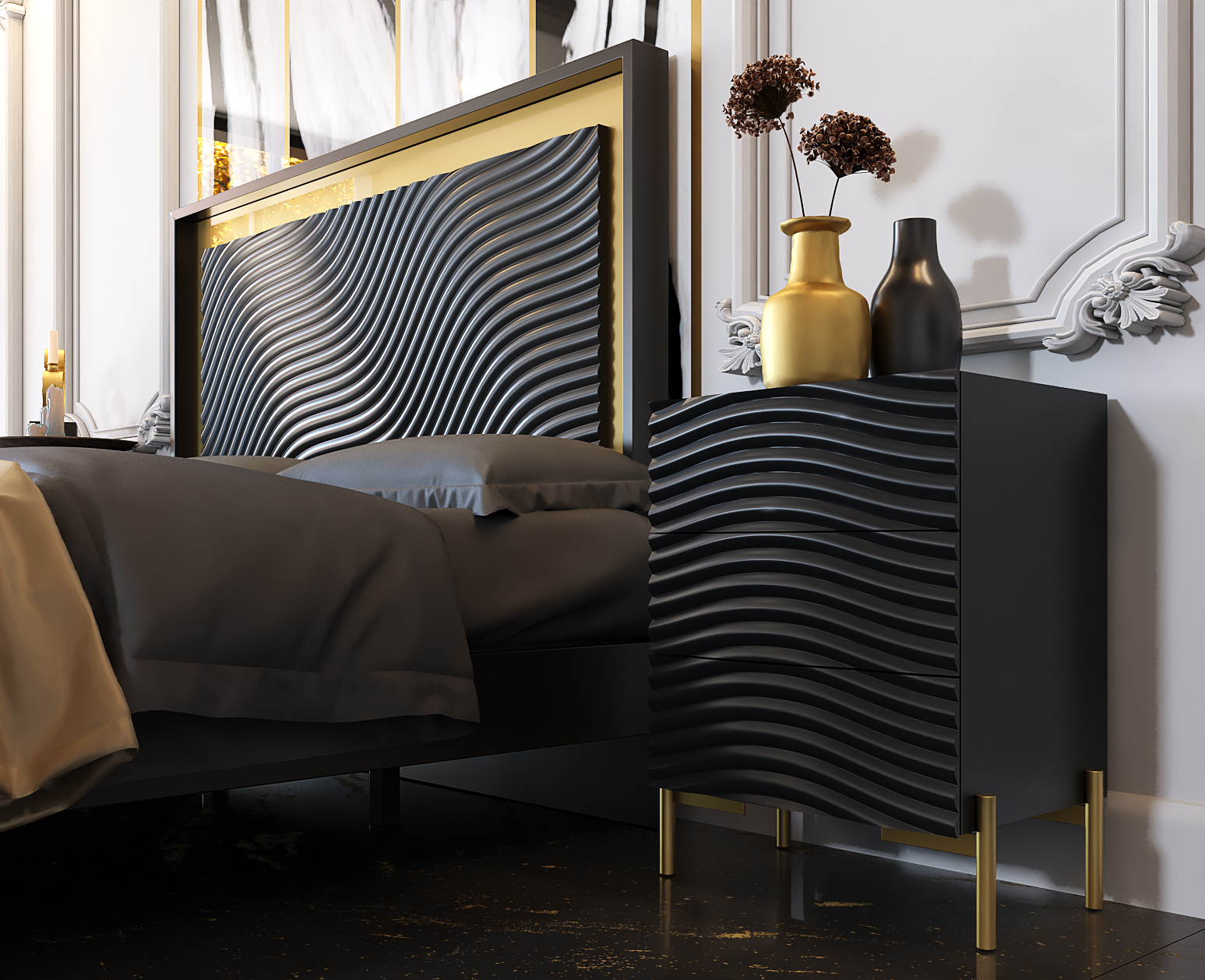 Wave Nightstand Dark grey p12669 By ESF Furniture