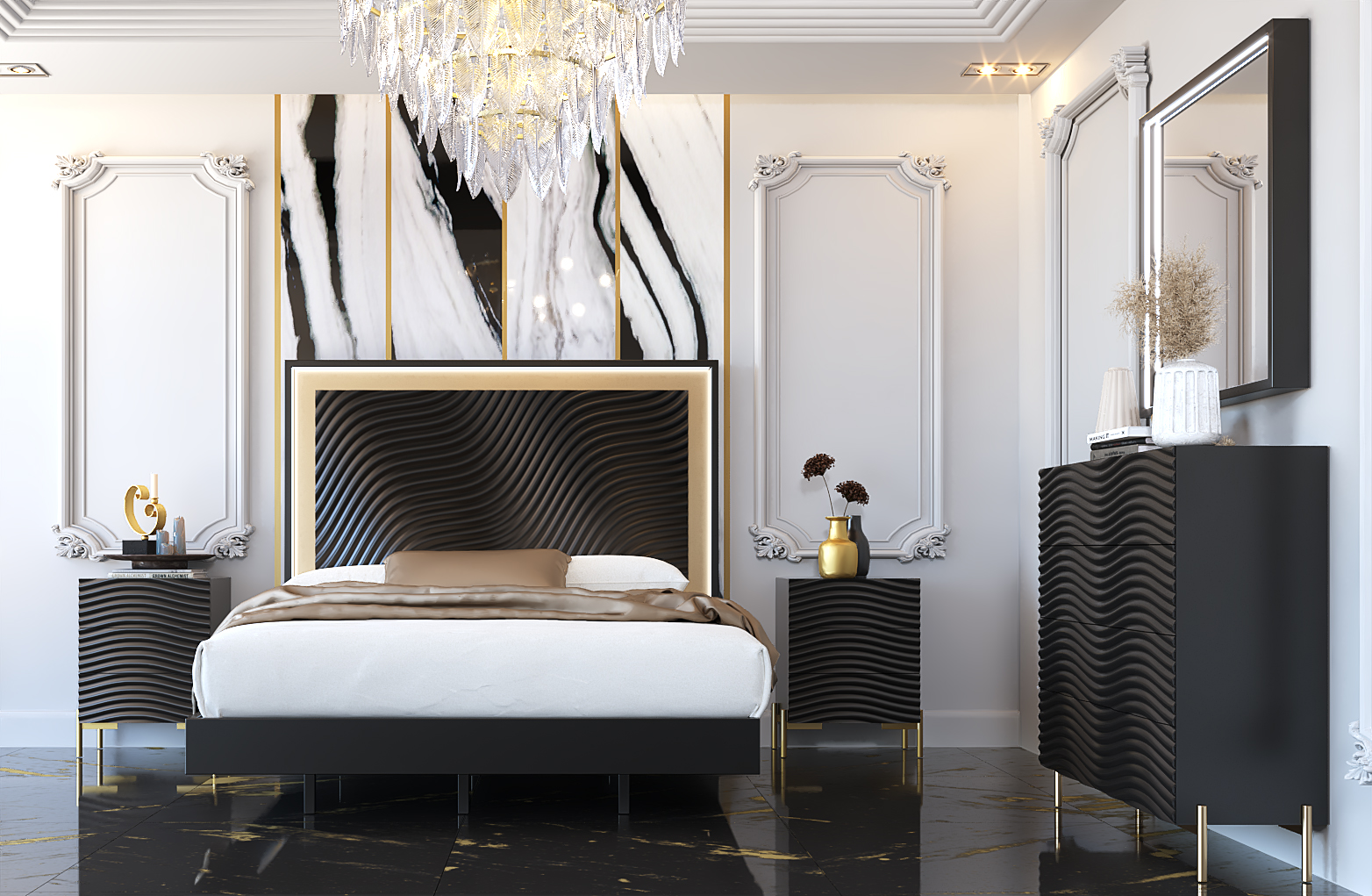 Shiny Wave Bedroom Dark grey Set p12665 By ESF Furniture