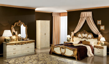 High Gloss Lacquer Barocco Ivory w/Gold Bedroom Set p4940 By ESF Furniture