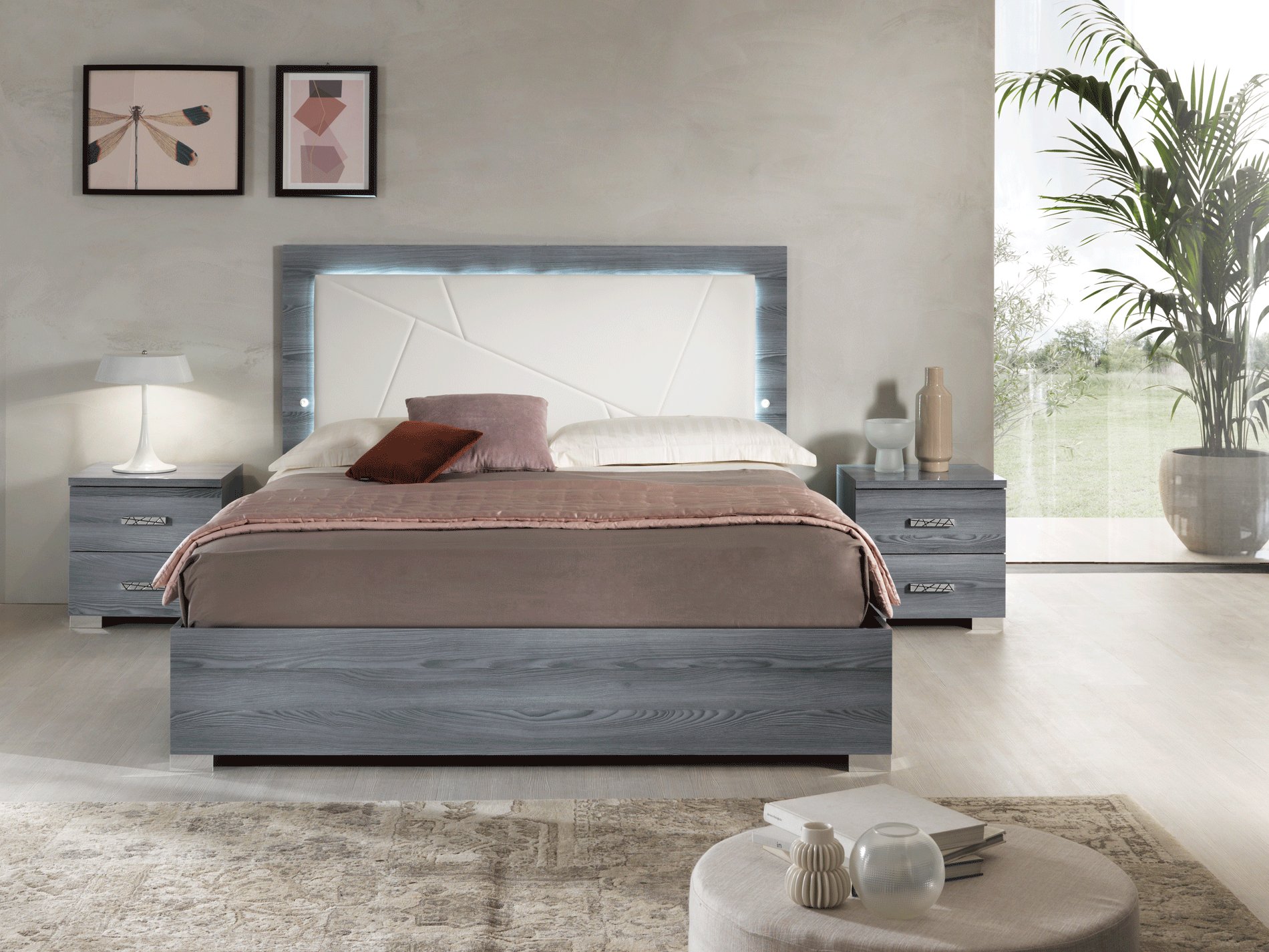 Nicole Bed w/ Upholstered HB in Grey w/ Light p12837 By ESF Furniture
