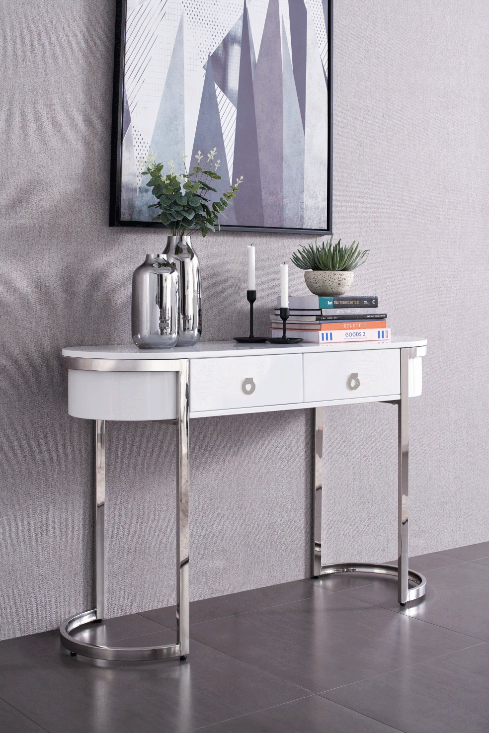 High Gloss Lacquer 131 Hallway Console Table White/Silver i26172 By ESF Furniture