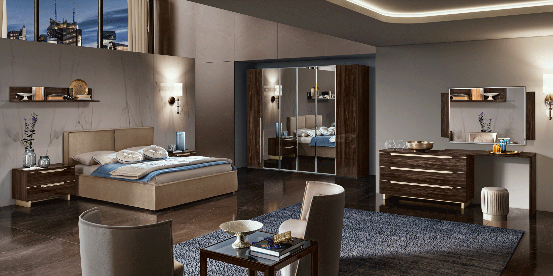 High Gloss Lacquer, Mat Smart Bedgroup Walnut Bedroom Set Additional items p11764 By ESF Furniture