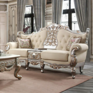 Metallic Silver With Gold Trim Finish French Salon Sofa Hd-91633 By Homey Design | Mobilia Cleopatra Metallic Silver with Gold Trim Finish French Salon Sofa HD-91633 By Homey Design