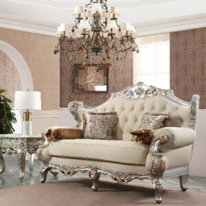 Metallic Silver With Gold Trim Finish French Salon Loveseat Hd-91633 By Homey Design | Mobilia Cleopatra Metallic Silver with Gold Trim Finish French Salon Loveseat HD-91633 By Homey Design