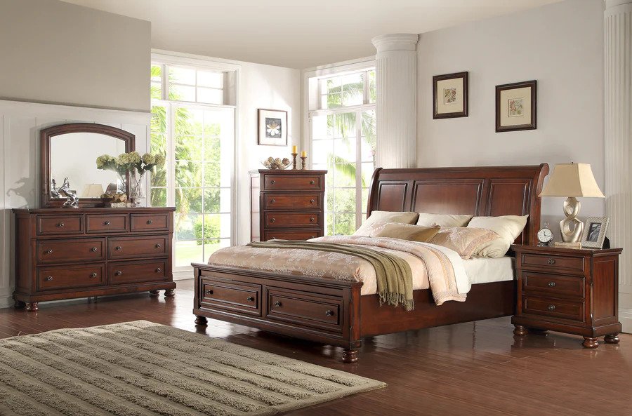 B608-Q Wooden Brown Queen Size Set 4 Pc By Mcferran | Mobilia Cleopatra 3 B608-Q Wooden Brown Queen Size Set 4 PC By McFerran - Image 1