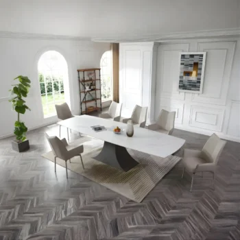 9437 Dining Table with 1218 Swivel Gray Taupe Chairs