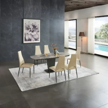Mat, Shiny 2417 Marble Table Gray Taupe with 3405 Chairs Beige