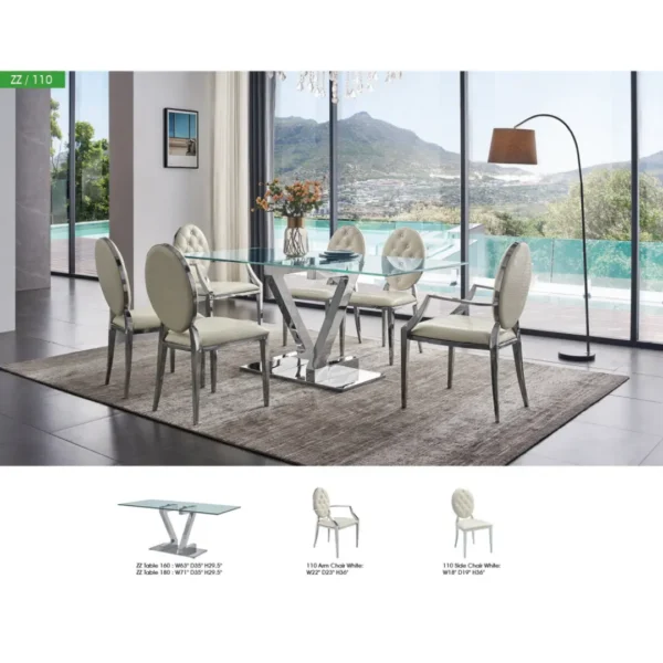 Shiny Zig Zag Dining Table with 110 White Chairs